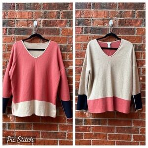 J. Jill Womens Medium Reversible Coral Beige Navy Colorblock Vneck Sweater